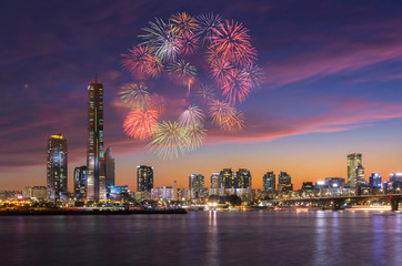 Wall Mural - Fireworks Festival and Seoul City, South Korea.