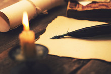 Writing Letter In Candlelight. Vintage Items On The Table