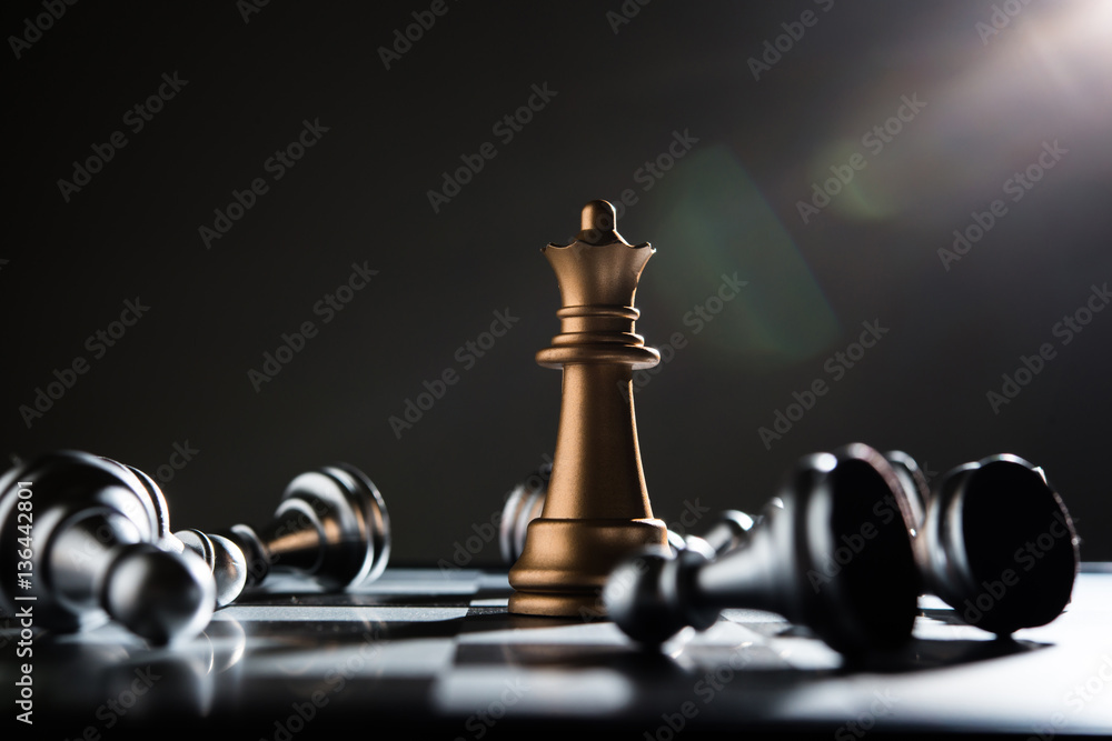 King and Knight of chess setup on dark background . - obrazy, fototapety, plakaty 