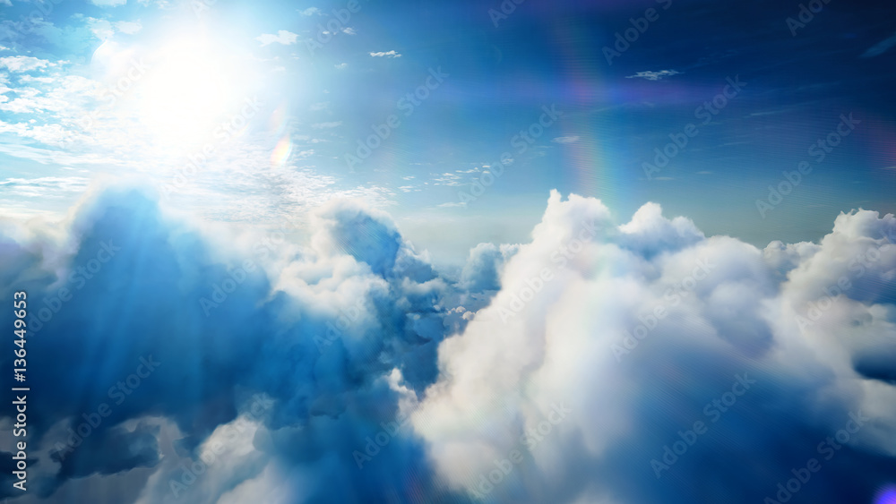Flying over the timelapse clouds with the afternoon sun. Flight through ...
