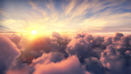Wall Mural - flying over the evening timelapse clouds with the late sun. flight through moving cloudscape with be