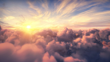 Wall Mural - flying over the evening timelapse clouds with the late sun. flight through moving cloudscape with be