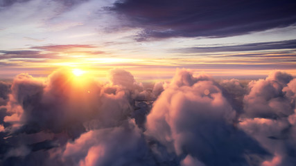 Wall Mural - Flying over the evening timelapse clouds with the late sun. Flight through moving cloudscape with beautiful sun rays. Traveling by air. Perfect for cinema, background