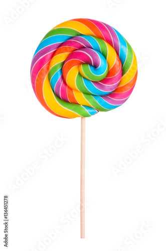 Colorful rainbow lollipop swirl on wooden stick isolated on white background Poster Mural XXL