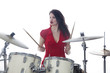 © ahavelaar - sexy brunette in red dress plays drum kit in studio