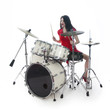 © ahavelaar - sexy brunette in red dress plays drum kit in studio