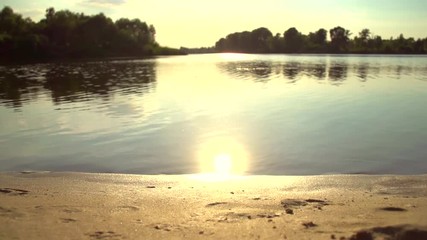 Sticker - River in sunset. Beautiful Nature scene. Sandy Beach. Slow motion 240 fps, full HD 1080p