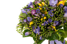 Purple And Yellow Crocus Bouquet On A White Background Closeup. Valentine's Day