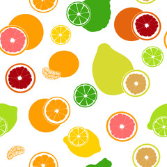 Wall Mural - Flat fresh Citrus seamless pattern. Bergamot, lemon, grapefruit, lime, mandarin, pomelo, orange, blood orange with slices