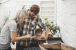 © Cavan Images - Couple sprinkling seeds in seedling tray while working in greenhouse
