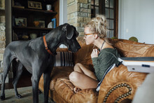 Woman Relaxing On Sofa While Dog Standing Beside Her