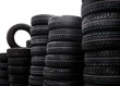 Warehouse of new tires. Isolated white background. Black and whi