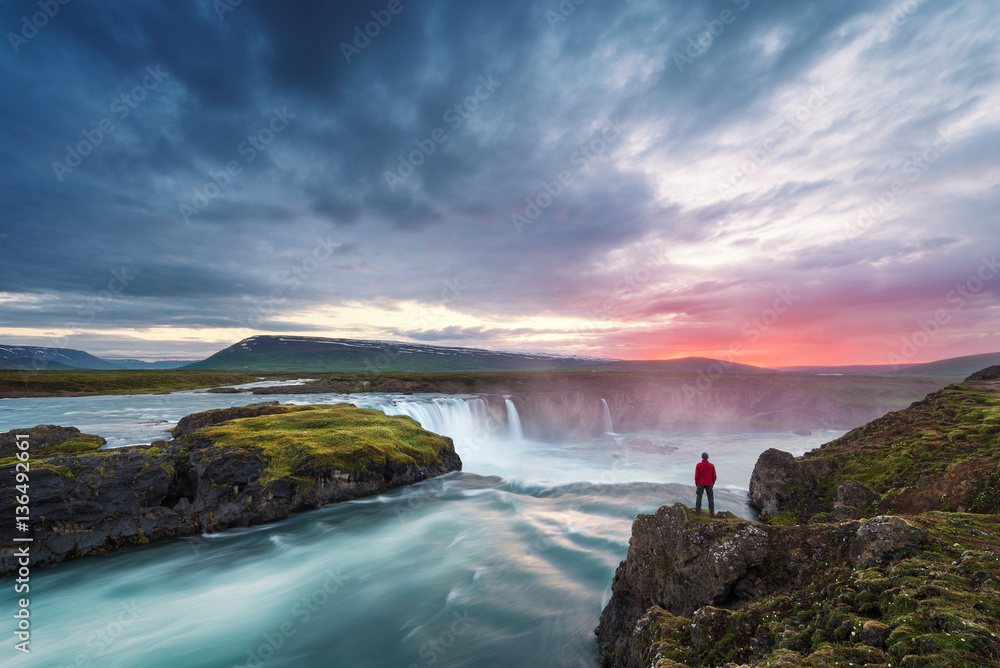 Landscape of Iceland with Godafoss waterfall - obrazy, fototapety, plakaty 