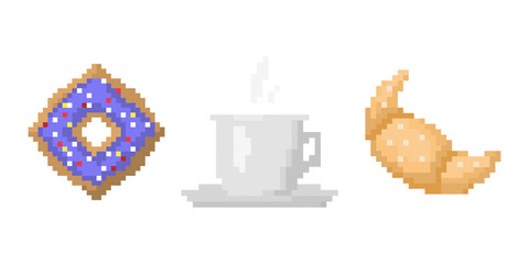 Pixel art fast drink cup and croissant vector illustration.