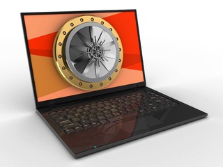 3d illustration of laptop computer over white background with red screen and vault door