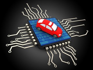 Wall Mural - 3d illustration of computer chip over black background with car and binary code inside