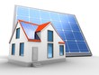 3d illustration of solar panel over white background with modern house