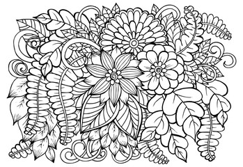 Wall Mural - vector Black and white flower pattern for adult coloring book.