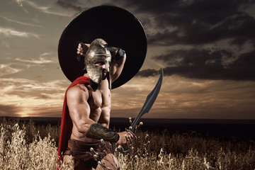 Wall Mural - Spartan warrior going forward in attack with sword.