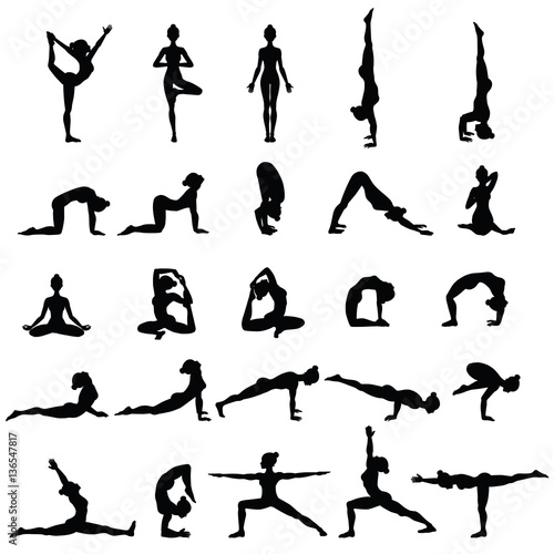 Fotografie, Obraz Women silhouettes. Collection of yoga poses. Asana set.