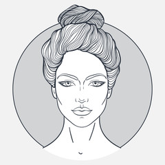 Beautiful girl face with top knot hair style, make up and neutral expression. Hand drawn woman portrait stylized in lines. Decorative vector illustration