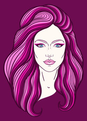 Wall Mural - Beautiful girl face with top knot hair style, make up and neutral expression. Hand drawn woman portrait stylized in lines. Decorative vector illustration