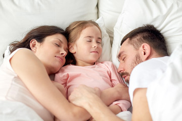 Poster - happy family sleeping in bed at home