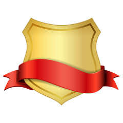 Wall Mural - Gold shield emblem ribbon icon. Golden sign silhouette, isolated white background. Symbol of trophy, heraldic award, royal security, protect. Heraldic label. Logo decoration Vector illustration