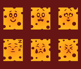 set of yellow cheese with emotions on a burgundy background. emotional icons. funny, laughing, in lo