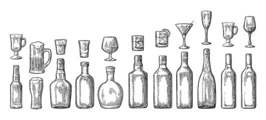 Wall Mural - Set glass and bottle beer, whiskey, wine, gin, rum, tequila, champagne, cocktail