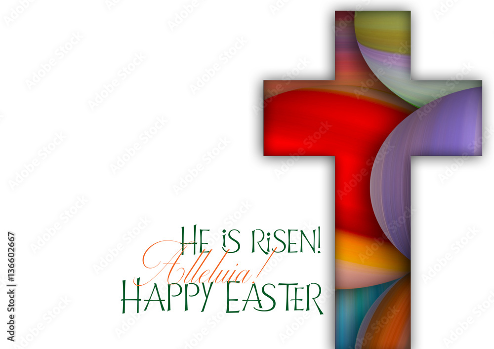 Happy Easter cross made of colorful painted Easter eggs, religious holiday illustration - obrazy, fototapety, plakaty 