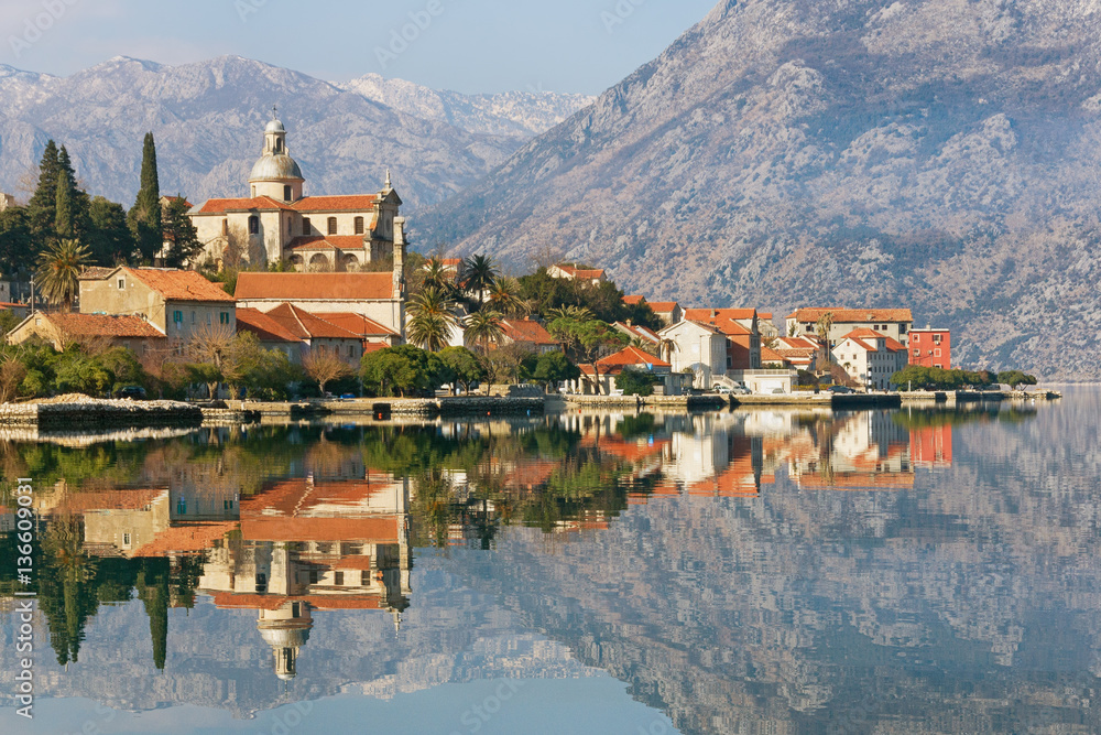 Bay of Kotor and Prcanj town. Montenegro - obrazy, fototapety, plakaty 