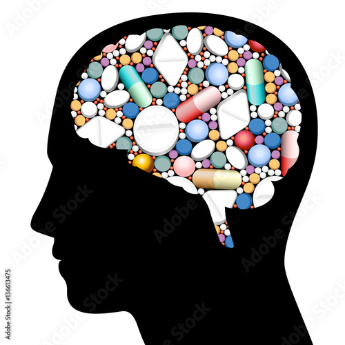 Nowoczesny obraz na płótnie Mózg wypełniony pigułkami, kapsułkami i tabletkami