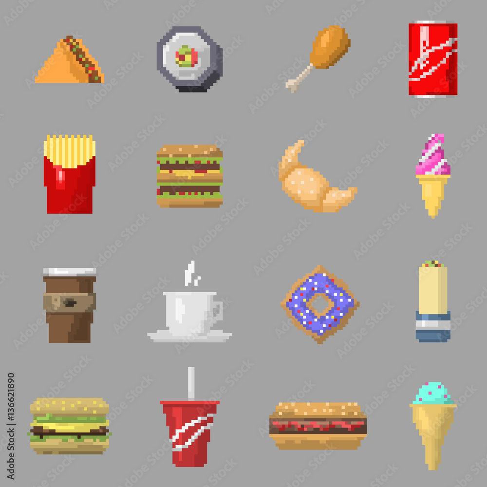 Pixel art food icons vector isolated Stock Vector | Adobe Stock