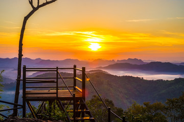 Canvas Print - Beautiful Viewpoint and Sunrise with mist, sky and cloud view from top mountain at Phu Bo Bit, Loei, Thailand