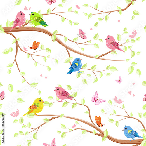 Naklejka na kafelki seamless texture with enamored birds on trees