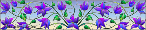 Dekoracja na wymiar  ilustracja-w-stylu-witrazu-z-abstrakcyjnymi-niebieskimi-kwiatami-na-tle-nieba-pozioma