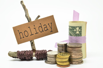 Coins and money with holiday label