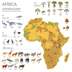 Wall Mural - Flat Africa flora and fauna map constructor elements. Animals, b
