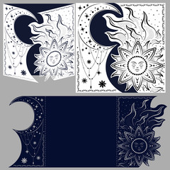 Wall Mural - Layout congratulatory envelope with carved pattern. The template for greetings, invitations, etc. Picture suitable for laser cutting, plotter cutting or printing. Vector. Sun. Moon