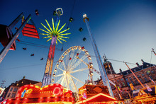 Amusement Park Carousel. Beautiful Night Lighting. A Fairy Tale For Children