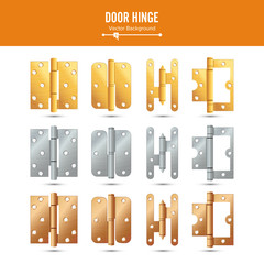 Sticker - Door Hinge Vector. Set Classic And Industrial Ironmongery Isolated On White Background. Simple Entry Door Metal Hinge Icon. Stainless Steel, Copper, Bronze, Gold, Brass. Stock Illustration