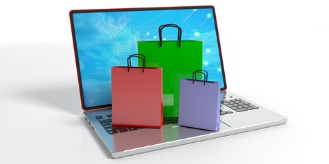 Shopping bags on a laptop. 3d illustration