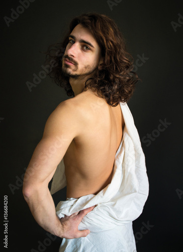 Photo Half Naked Handsome Guy With Long Curly Hair With White