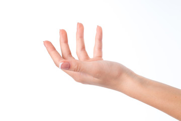 woman's hand with an upward ladoneji raised up fingers isolated on white background