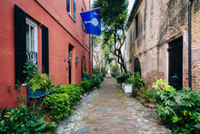 Narrow Cobblestone Street And Old Buildings In Charleston, South