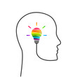Creative thinking and imagination concept. Head and profile line made of wire and light bulb made of colorful paint strokes