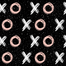 Doodle Xo Xo Seamless Pattern Background. Abstract Pink Check And Round Pattern For Design T-shirt, Valentine's Day Card, Invitation, Poster, Romantic Album, Scrapbook, Holiday Wrapping Paper Etc. 