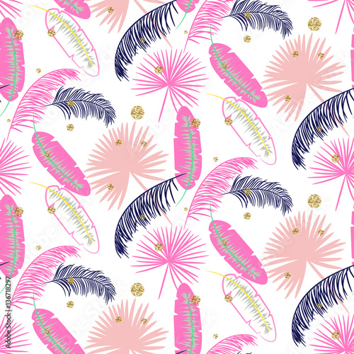 Valokuva Pink banana palm leaves seamless vector pattern on white background