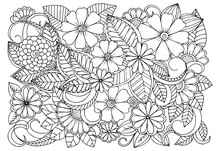 Doodle Floral Pattern In Black And White. Page For Coloring Book